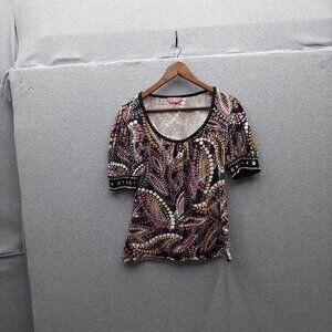 Joyous & Free Womens Printed Top With Beaded Cuffs Size M 90% Cotton 10% Spandex
